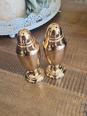 Shiny Gold Toned Vintage Salt & Pepper Shakers - Set of 2
